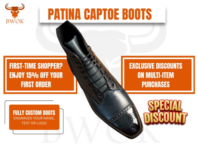 Handmade Black Patina Brogue Boots for Men