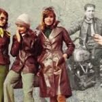 "Vintage leather fashion through the years, showcasing iconic styles from the 1960s and 1970s, featuring individuals in stylish leather jackets and coats. The image highlights the influence of leather on British fashion, including legendary figures like Elvis Presley, and how the material became synonymous with cool, rebellious styles in both men's and women's fashion."