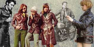 "Vintage leather fashion through the years, showcasing iconic styles from the 1960s and 1970s, featuring individuals in stylish leather jackets and coats. The image highlights the influence of leather on British fashion, including legendary figures like Elvis Presley, and how the material became synonymous with cool, rebellious styles in both men's and women's fashion."